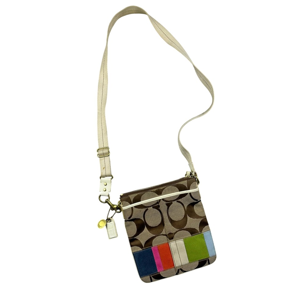 Coach Signature C Multi-Color Stripe Swingpack Crossbody Bag Brown Khaki